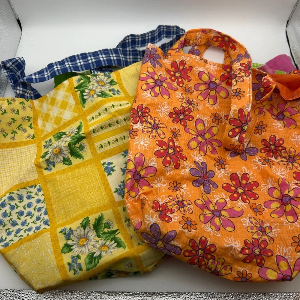 Lot of 3 Floral Patchwork Cotton Tote Bags Pink Ribbon Awareness Yellow Orange